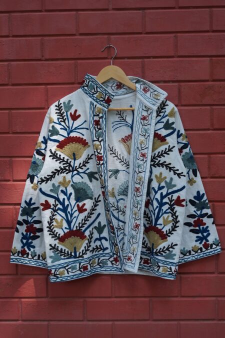 Womens White Velvet Embroidered Jacket with Floral Design